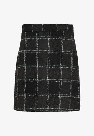 Schwarzer karierter Minirock mit strukturiertem Stoff, formeller Silhouette und kontrastierenden weißen Gitterlinien für visuelle Details.