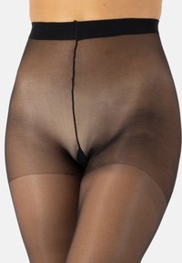 Collant neri trasparenti con vita alta, caratterizzati da una texture liscia e un design senza cuciture, che mettono in evidenza le gambe e i fianchi.