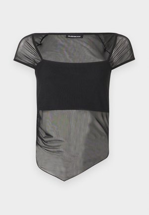 Μαύρο διάφανο τοπ από δίχτυ με τετράγωνη λαιμόκοψη, κοντά μανίκια καπακιού και ασύμμετρο στρίφωμα.