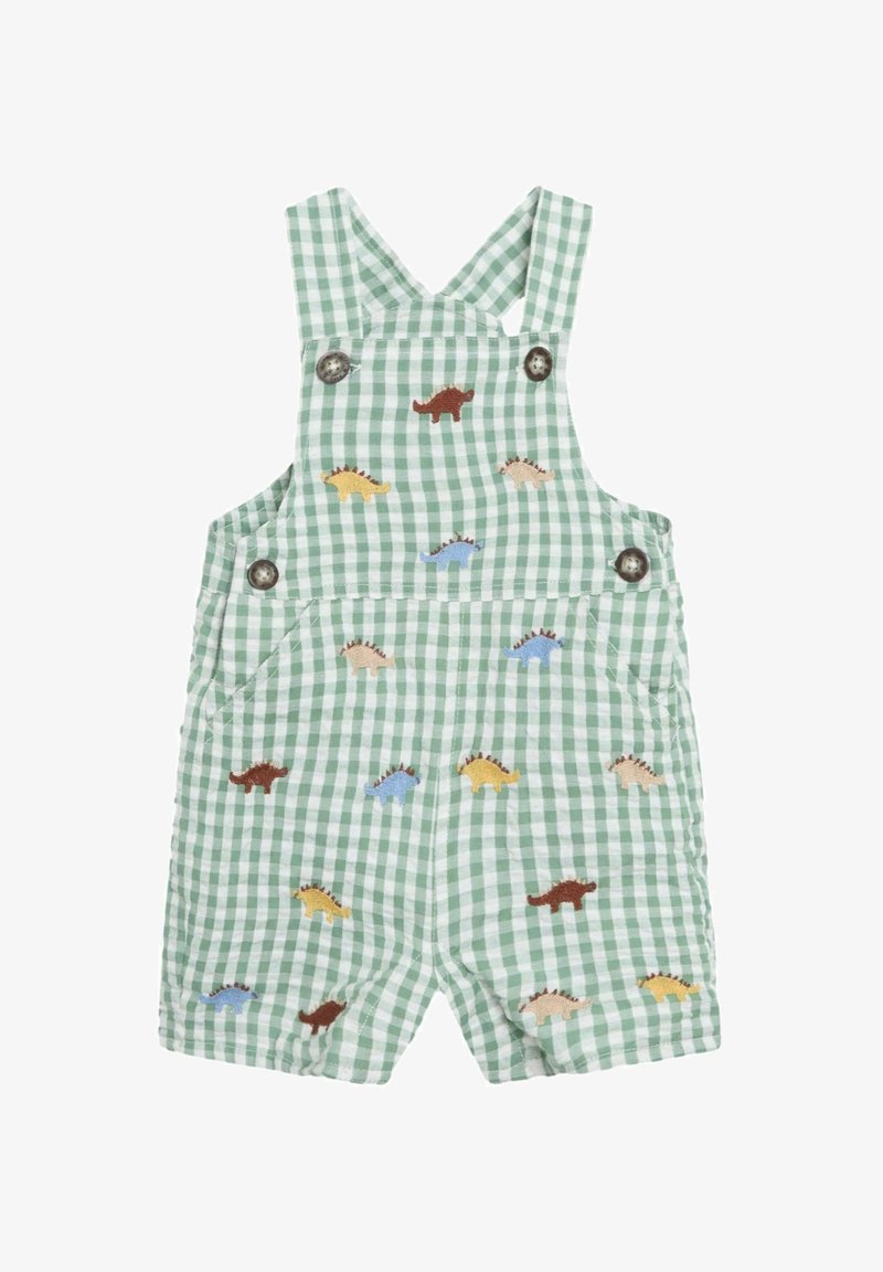 Gröna gingham-byxor med korta ben, prydda med flerfärgade broderade dinosaurier och silverknappar på axelremmarna.