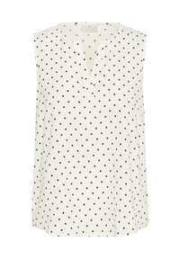 Haut sans manches blanc avec des pois noirs, présentant un décolleté en V et un tissu doux et léger. Design simple adapté à une tenue décontractée.