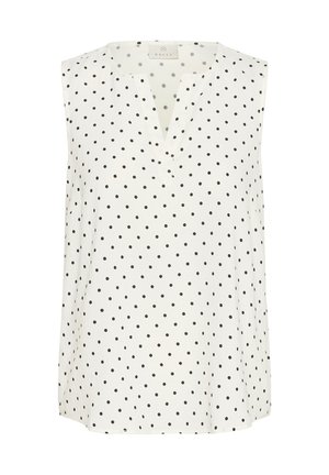 Mouwloze witte top met zwarte stippen, met een V-halslijn en zachte, lichtgewicht stof. Eenvoudig ontwerp geschikt voor casual dragen.