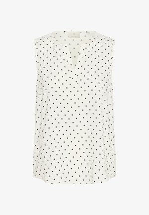 Ermeløs hvid top med sorte prikker, med V-udskæring og blødt, let stof. Simpelt design velegnet til afslappet brug.