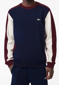 Sudadera azul marino con mangas raglán en burdeos y crema. Presenta un logo bordado en verde en el pecho y un diseño de cuello redondo.