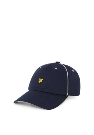 Marineblå baseballkasket med hvide kanter, seks ventilationshuller, buet skygge og lille gul fuglelogo på forpanelet.
