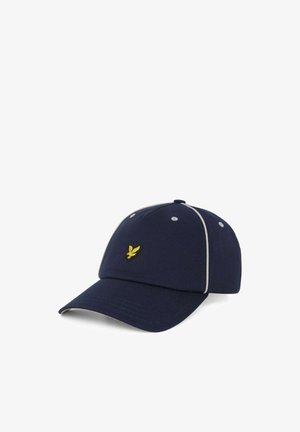 Casquette de baseball bleu marine avec passepoil blanc, six trous de ventilation, visière incurvée et petit logo d'oiseau jaune sur le panneau avant.