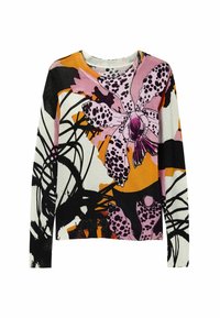 Gestickter Pullover mit Rundhalsausschnitt, der ein lebhaftes Blumenmuster in Pink, Orange, Schwarz und Weiß aufweist. Lange Ärmel und gerippte Bündchen.