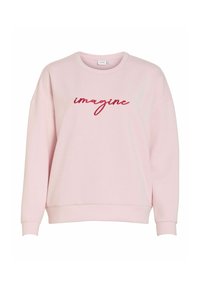 Lyserosa genser med rund hals, senkede skulder og ribbestrikkede mansjetter. Har rød brodert tekst "imagine" på forsiden.