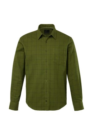 Vihreä ruutukuosiset pitkät hihat -paita. Siinä on napillinen kaulus, rintatasku ja pehmeä kangas, jossa on tummemmasta vihreästä koostuva ruudukko.