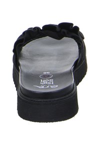 Black slide sandal featuring a textured sole, ruffled strap design, and embossed brand logo; size 38 marked inside.