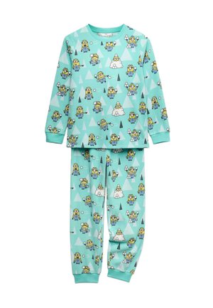 Children's long-sleeve turquoise pajamas with repeated Minion characters playing in snow and geometric patterns.