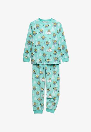 Kinderen turquoise pyjama met lange mouwen met herhaalde Minion-figuren die in de sneeuw spelen en geometrische patronen.