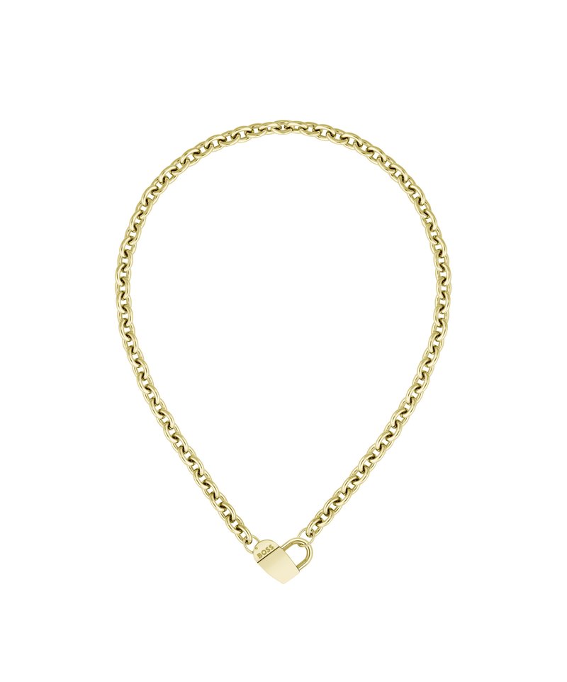 Collar de cadena de oro con eslabones ovalados entrelazados, con un detalle distintivo de cierre en forma de candado en forma de corazón. Textura suave, acabado pulido.