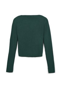 Top corto a maniche lunghe verde a coste con scollatura squadrata e tessuto lavorato. Presenta maniche lunghe e una silhouette aderente.