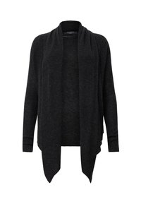 Black ribbed cardigan with an open front, long sleeves, and a draped neckline. Soft texture, lightweight, with a relaxed fit.