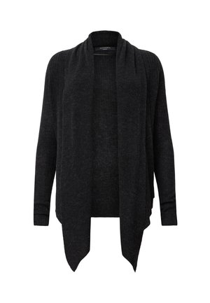 Black ribbed cardigan with an open front, long sleeves, and a draped neckline. Soft texture, lightweight, with a relaxed fit.