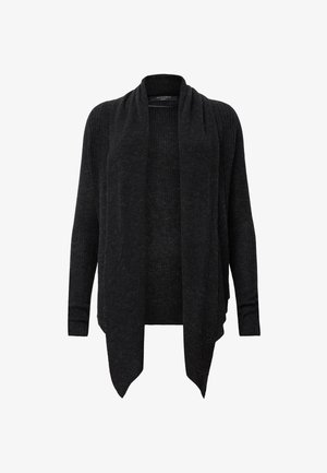 Black ribbed cardigan with an open front, long sleeves, and a draped neckline. Soft texture, lightweight, with a relaxed fit.
