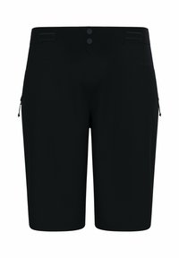 Schwarze Shorts mit geradem Schnitt, zwei Fronttaschen, seitlichen Reißverschlüssen und zwei Knöpfen am Bund. Glattes, leichtes Material.