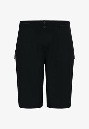 Shorts noirs à coupe droite, avec deux poches avant, des zips sur les côtés et deux boutons à la taille. Tissu lisse et léger.