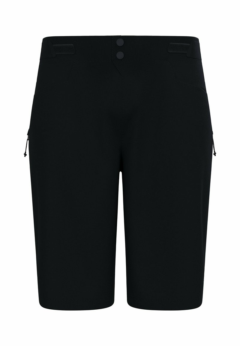 Schwarze Shorts mit geradem Schnitt, zwei Fronttaschen, seitlichen Reißverschlüssen und zwei Knöpfen am Bund. Glattes, leichtes Material.