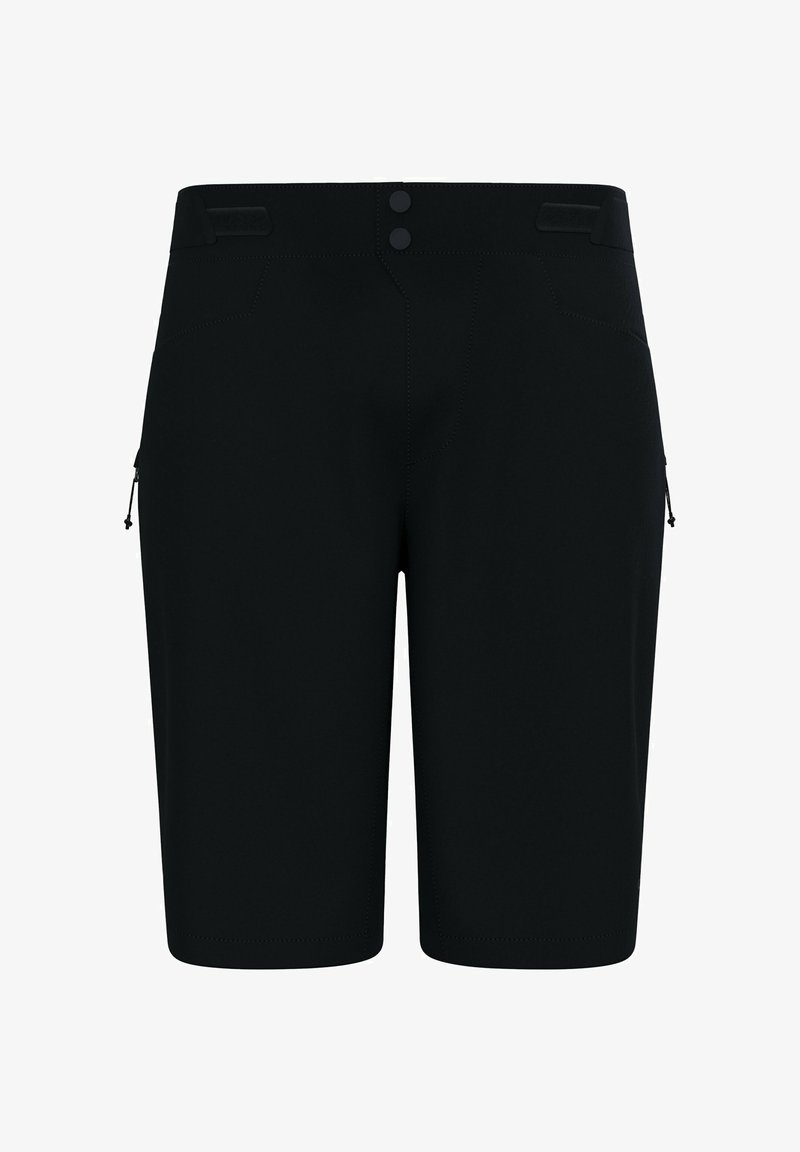 Schwarze Shorts mit geradem Schnitt, zwei Fronttaschen, seitlichen Reißverschlüssen und zwei Knöpfen am Bund. Glattes, leichtes Material.