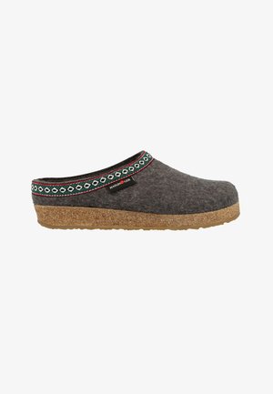 Gray wool clogs with a cork sole, featuring a decorative green and red patterned band around the top edge. Brand label visible.