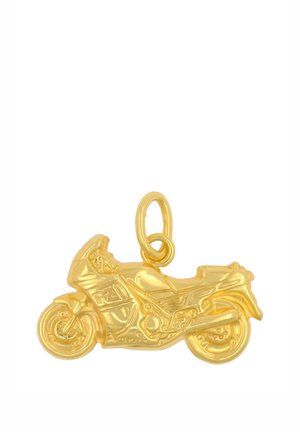 Goldener motorradförmiger Anhänger mit detailliertem Design, einschließlich Rädern, Sitz und Lenker sowie einer Schlaufe zum Befestigen an einer Kette.