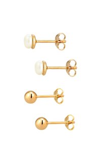 Gold-tone stud earrings featuring two designs: one with round white pearls and another with smooth gold spheres, each with butterfly backs.