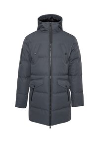 Graue Steppjacke mit hohem Kragen, Frontreißverschlüssen und zwei großen Klappentaschen. Mit gestepptem Design und verstellbarer Kapuze.