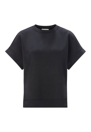 Black short-sleeve t-shirt made of smooth fabric, featuring a crew neck, relaxed fit, and wide cuffs. No visible patterns or accents.