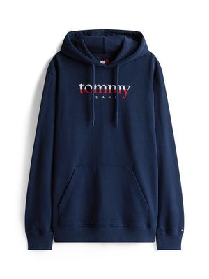 Navy blue hoodie made of cotton blend, featuring a front pocket, drawstring hood, and "tommy jeans" logo in red and white across the chest.