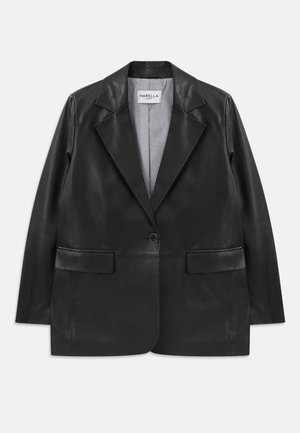 Blazer en cuir noir avec revers à cran, fermeture à un seul bouton, poches à rabat et doublure intérieure à rayures.