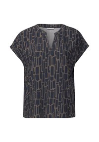 Blusa blu navy con scollo a V e maniche corte, caratterizzata da un motivo geometrico beige su tutto il tessuto. Texture morbida, vestibilità rilassata.