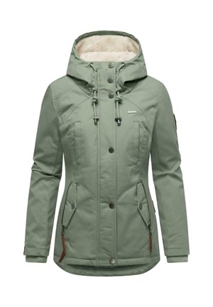 Groene, gewatteerde jas met een zachte voering, ritssluiting zakken, toggles met trekkoorden en contrasterende bruine accenten op de ritsen en manchetten.