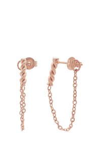 Orecchini in oro rosa con design attorcigliato e catena pendente. Presentano un attacco a perno sicuro e un delicato accento di catena.