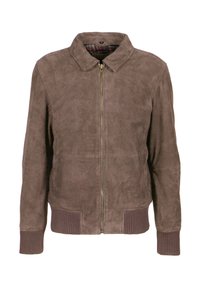 Ruskea mokkatakki, jossa on etuvetoketju, resorit hihansuissa ja helmassa sekä klassinen kaulus, esitetty valkoista taustaa vasten.