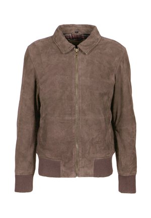 Chaqueta de ante marrón con cremallera frontal, puños y dobladillo acanalados, y un cuello clásico, mostrada sobre un fondo blanco.