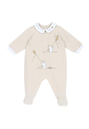 Body beige pour bébé avec col et poignets blancs, orné d'écureuils brodés tenant des cerfs-volants jaunes et d'une petite abeille près du col.