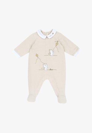 Body beige pour bébé avec col et poignets blancs, orné d'écureuils brodés tenant des cerfs-volants jaunes et d'une petite abeille près du col.