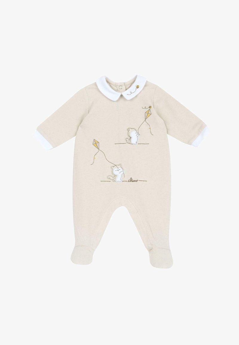 Body beige pour bébé avec col et poignets blancs, orné d'écureuils brodés tenant des cerfs-volants jaunes et d'une petite abeille près du col.