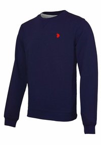 Mörkblå sweatshirt med långa ärmar, rundad halsringning, texturerad tyg och en liten röd logotypaccent på vänster bröst.
