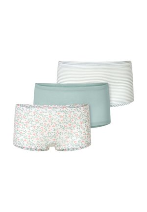 Three pairs of women’s shorts: one with a floral pattern in pink and green, a solid mint green, and a white striped design. All are soft fabric.