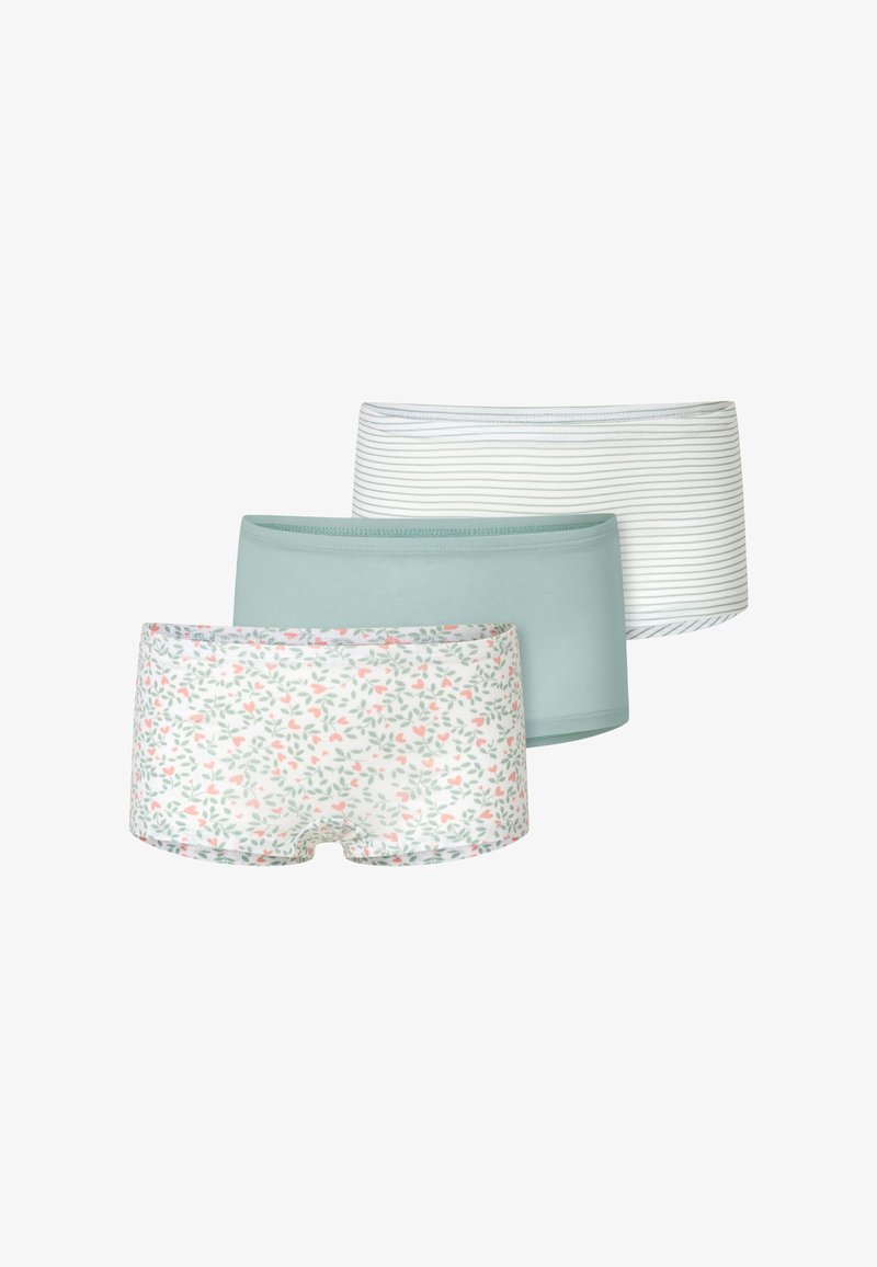 Drei Paar Damen-Shorts: eines mit einem blumigen Muster in Pink und Grün, ein einfarbiges Mintgrün und ein weiß gestreiftes Design. Alle sind aus weichem Stoff.