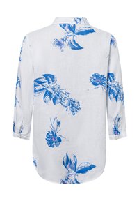 Weißes Leinenhemd mit blauem Blumenmuster, langen Ärmeln und Knopfmanschetten. Verfügt über einen klassischen Kragen und einen abgerundeten Saum.