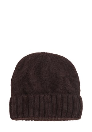 Brączowy dziany czapka beanie z prążkowanym mankietem, z teksturowanym wzorem. Wykonana z miękkiej przędzy, z zaokrąglonym wierzchem i dopasowanym krojem.