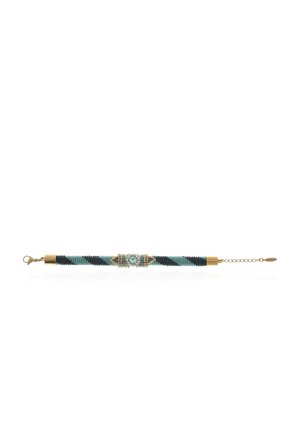 Beaded bracelet with diagonal black and light blue stripes, central gold and blue floral detail, and gold clasp with adjustable chain.