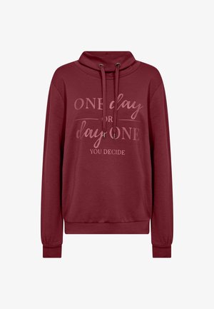 Burgundy sweatshirt with a cowl neck, drawstring, long sleeves, and a graphic print that reads "ONE day OR day ONE YOU DECIDE."