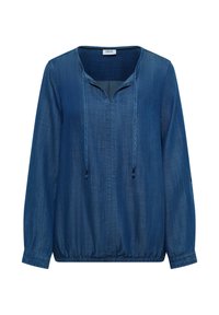 Blouse en denim bleu à manches longues avec décolleté en V et liens à cordon, ourlet élastique et poignets boutonnés.