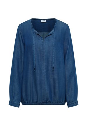 Blouse en denim bleu à manches longues avec décolleté en V et liens à cordon, ourlet élastique et poignets boutonnés.