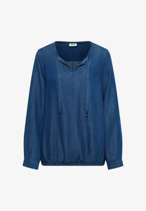 Niebieska bluzka z długim rękawem z denimu, z dekoltem w kształcie litery V i sznurkami do związywania, elastycznym dołem i zapięciem na guziki przy mankietach.